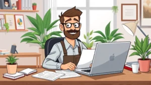 Cartoon professional contractor working at home desk with laptop, calculator, and tax documents, confident expression, modern home office setup with plants
