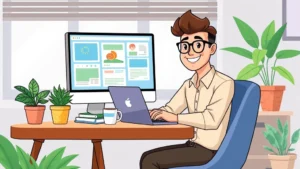 Cartoon professional freelancer sitting at desk with laptop, coffee cup, and multiple project windows open on screen, working independently from home office with plants and natural light, smiling confidently