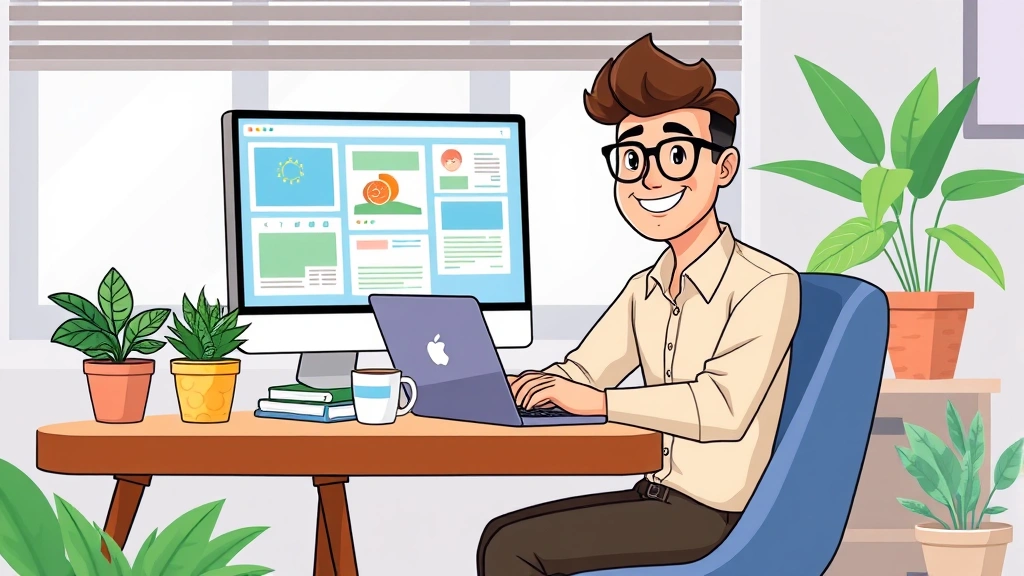 Cartoon professional freelancer sitting at desk with laptop, coffee cup, and multiple project windows open on screen, working independently from home office with plants and natural light, smiling confidently