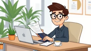 Cartoon freelancer sitting at desk with laptop, calculator, and invoice papers, confident professional expression, modern office setup with plants and coffee cup