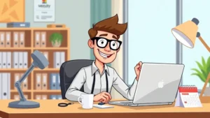 Cartoon professional freelancer at desk with laptop, coffee cup, and calendar showing flexible work schedule, bright office lighting, energetic expression