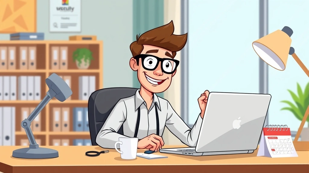 Cartoon professional freelancer at desk with laptop, coffee cup, and calendar showing flexible work schedule, bright office lighting, energetic expression