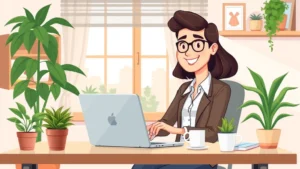 Cartoon illustration of a freelancer working from home desk with laptop, coffee cup, and plants in a bright cozy workspace. Professional attire, happy expression.