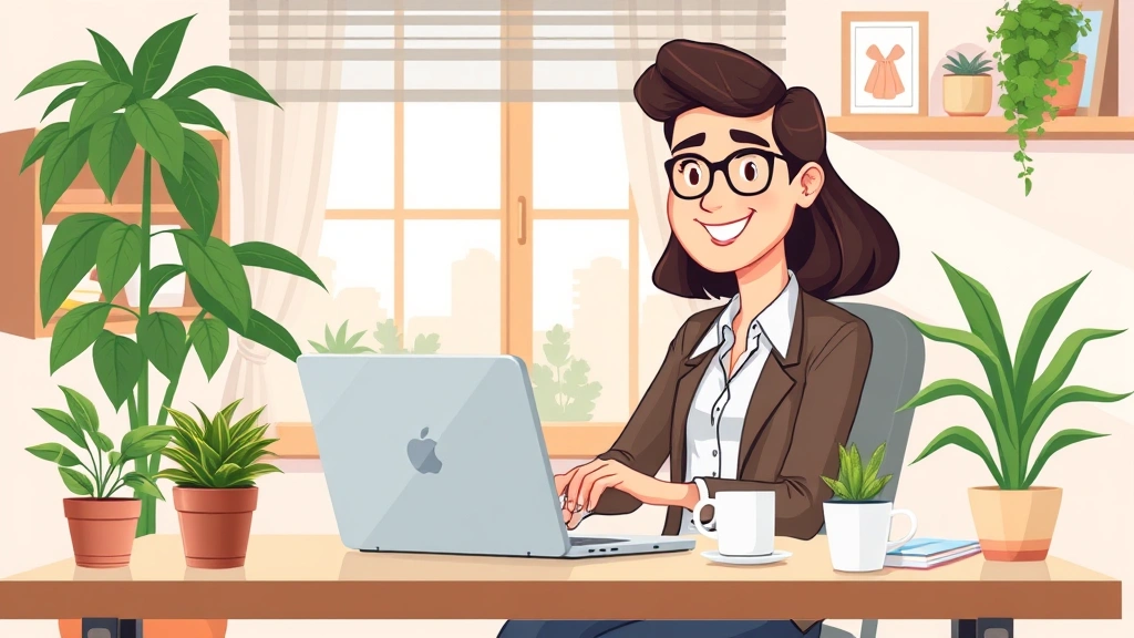 Cartoon illustration of a freelancer working from home desk with laptop, coffee cup, and plants in a bright cozy workspace. Professional attire, happy expression.