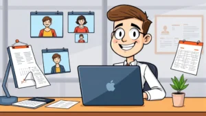 Cartoon professional sitting at desk with laptop, multiple client video call windows open, surrounded by calendar and invoice documents, cheerful expression, modern office setup