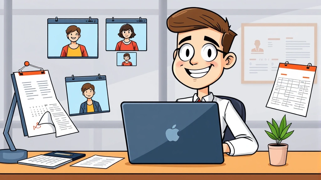 Cartoon professional sitting at desk with laptop, multiple client video call windows open, surrounded by calendar and invoice documents, cheerful expression, modern office setup