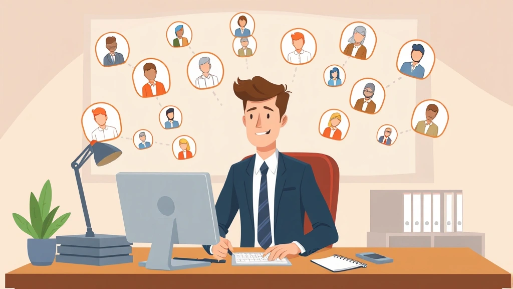 Cartoon professional sitting at desk with multiple client icons floating around, representing diverse contract work opportunities and independent contractor flexibility