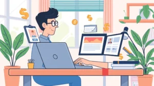 Cartoon illustration of a freelancer working at a laptop with multiple client windows open, surrounded by dollar signs and productivity symbols, sitting in a home office with plants and natural light