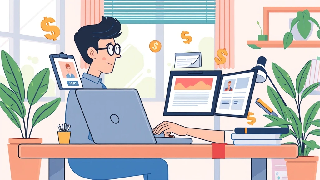 Cartoon illustration of a freelancer working at a laptop with multiple client windows open, surrounded by dollar signs and productivity symbols, sitting in a home office with plants and natural light