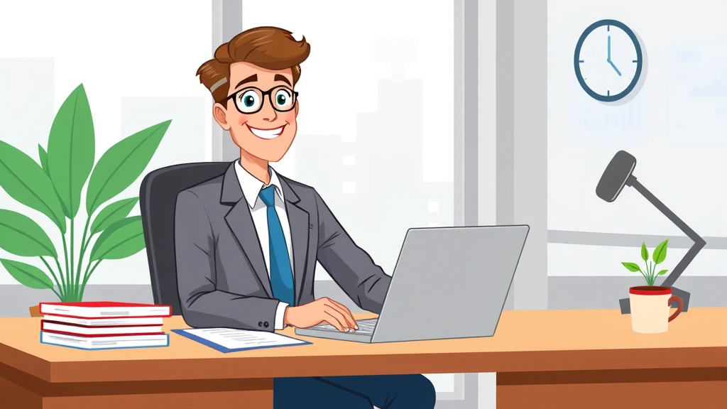 Professional accountant working at desk with laptop and financial documents, wearing business attire, smiling confidently, modern office setting with plant and coffee cup, cartoon illustration style