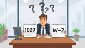 Cartoon professional sitting at desk comparing two employment contracts labeled 1099 and W-2, with question marks floating above, modern office setting
