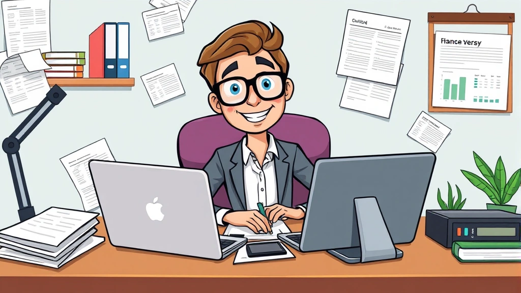 Cartoon professional sitting at desk with laptop, calculator, and documents spread around, looking confident and organized while managing freelance business finances and tax forms