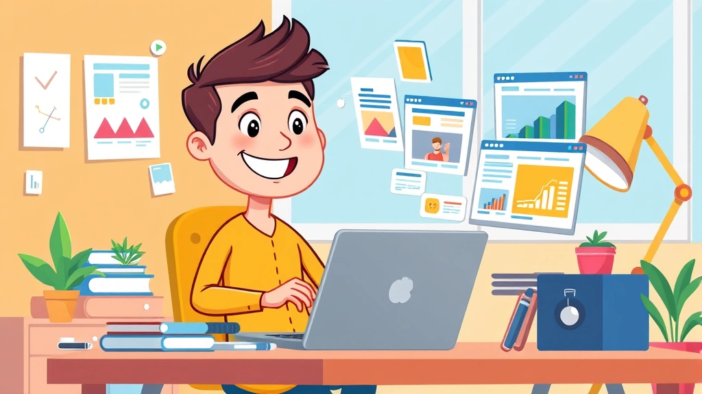 Cartoon freelancer sitting at desk with laptop, multiple client windows open, juggling projects and income streams, colorful workspace, happy expression, modern office setup
