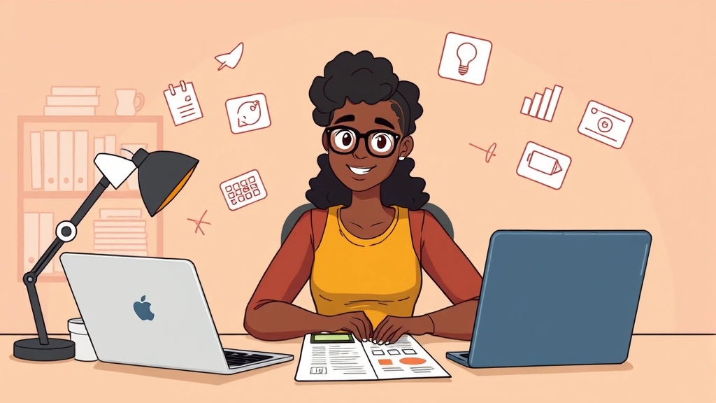 Cartoon illustration showing a diverse freelancer at a desk with laptop, calculator, and documents, surrounded by floating icons representing different 1099 job types like writing, design, and coding, warm and professional style