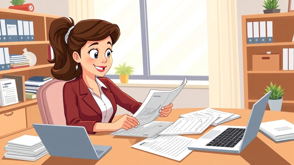 Cartoon professional woman reviewing financial documents and tax forms at organized desk with calculator and laptop, bright office setting