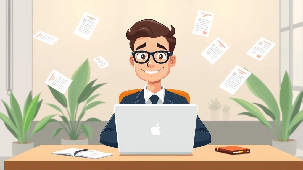 Cartoon professional sitting at desk with laptop, surrounded by floating documents and contract symbols, confident smile, modern minimalist office background with plants