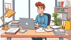 Professional freelancer sitting at modern desk with laptop and coffee, surrounded by multiple project files and notebooks, smiling confidently while working independently, bright and organized workspace, cartoon illustration style