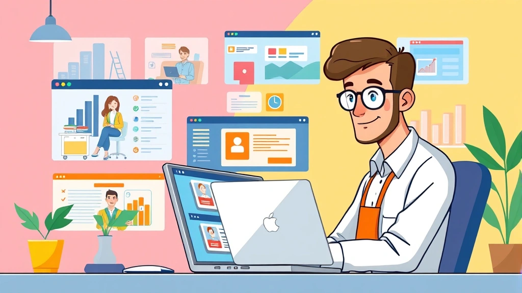 Professional contractor working at laptop with multiple client project windows open, diverse work environments shown in background, cartoon style illustration with bright colors