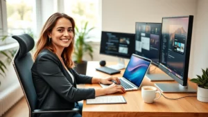 Professional woman sitting at modern desk with laptop, notepad, and coffee cup, smiling confidently while managing freelance projects on multiple screens, bright natural lighting from window, contemporary home office setting