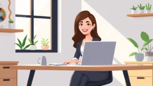 Professional woman sitting at modern home office desk with laptop, smiling confidently, sunlight streaming through window, plants on shelf, minimalist workspace, cartoon style