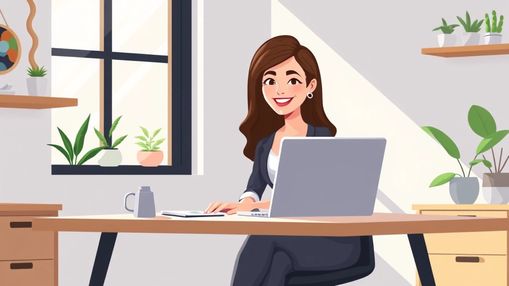 Professional woman sitting at modern home office desk with laptop, smiling confidently, sunlight streaming through window, plants on shelf, minimalist workspace, cartoon style