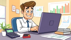 Cartoon professional contractor working at laptop surrounded by tax documents, calculator, and financial charts in bright office setting