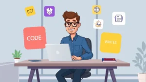 Cartoon professional sitting at modern desk with laptop, surrounded by floating icons representing different freelance services like code, design, and writing, bright colors, confident expression