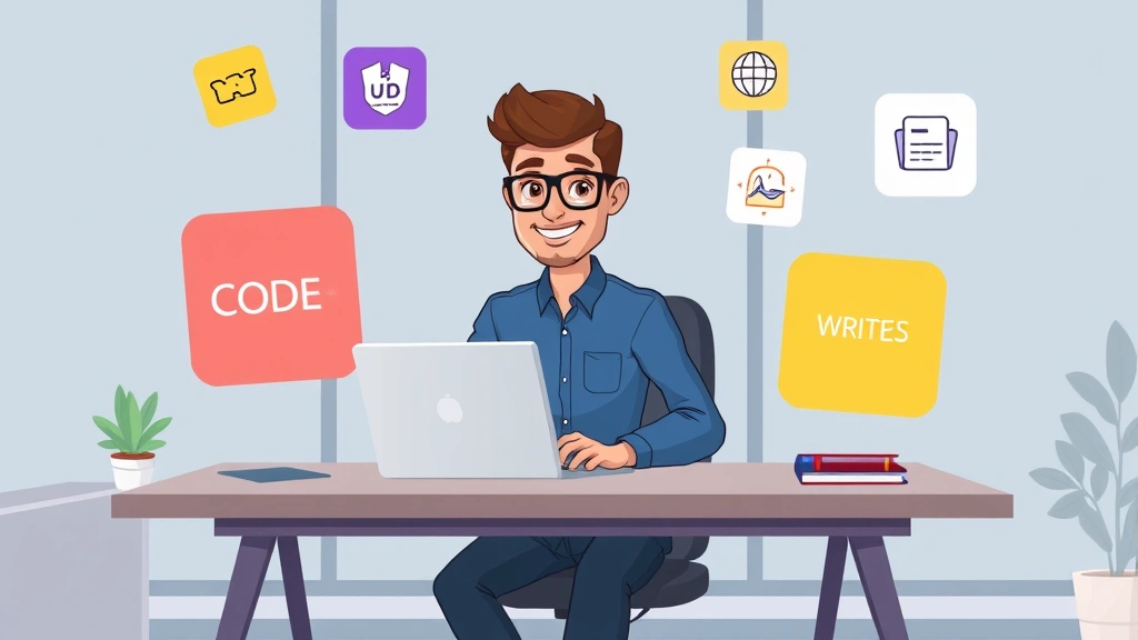 Cartoon professional sitting at modern desk with laptop, surrounded by floating icons representing different freelance services like code, design, and writing, bright colors, confident expression