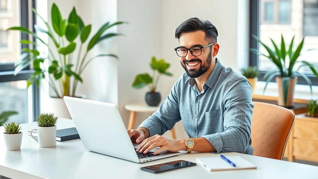 Professional freelancer working on laptop at modern desk with coffee cup, cheerful expression, bright creative workspace with plants and natural light
