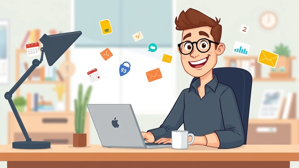 Cartoon professional freelancer sitting at desk with laptop, coffee cup, and calendar, smiling confidently with colorful project icons floating around, bright workspace background