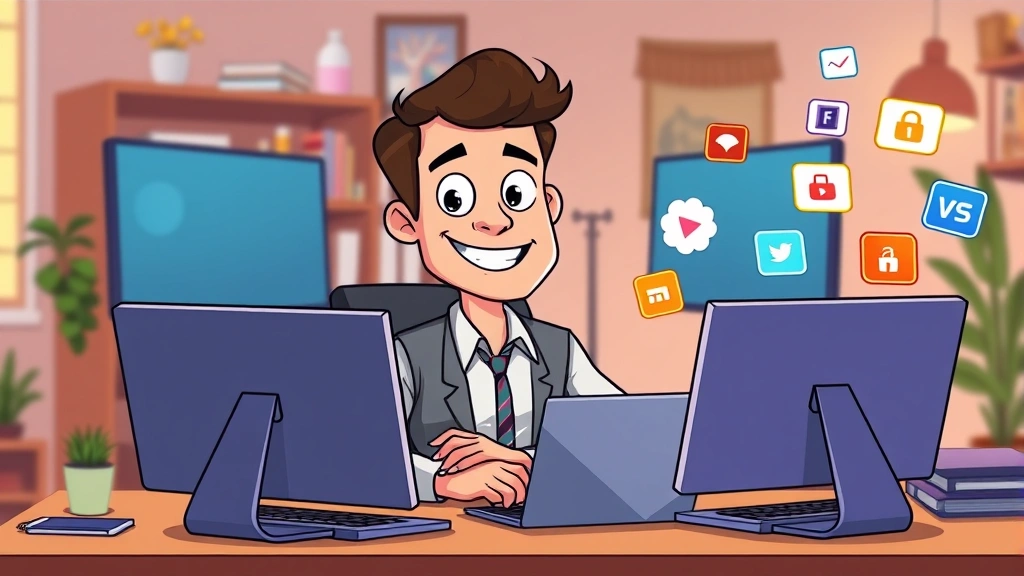 Cartoon professional sitting at desk with multiple laptop screens, confident smile, colorful freelance platform icons floating around, home office background, warm lighting