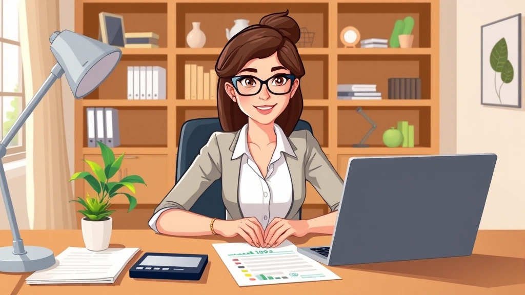 Professional woman sitting at home desk with laptop, calculator, and financial documents, planning 1099 business with confident expression, natural lighting, cartoon style