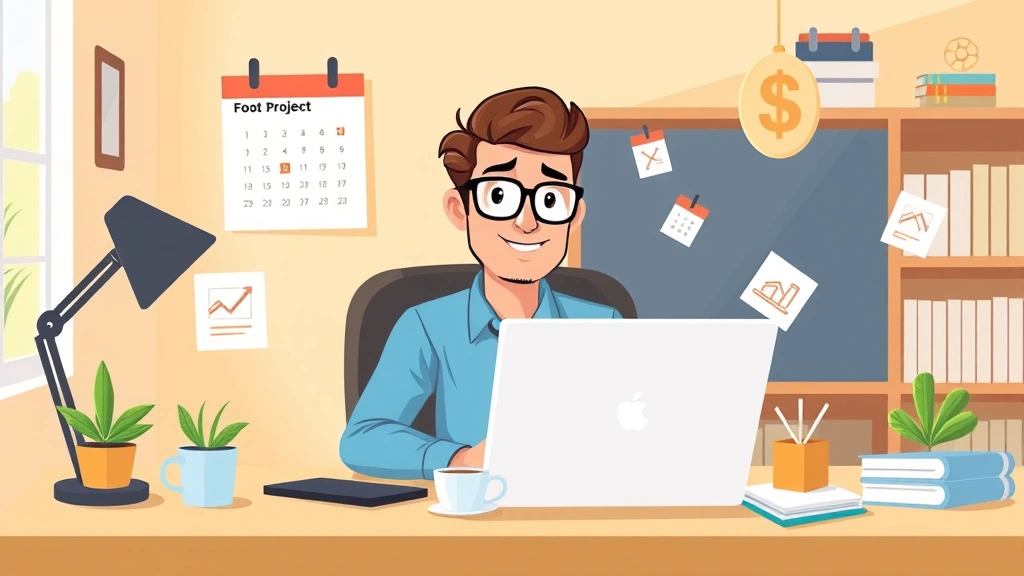 Cartoon professional freelancer sitting at desk with laptop, coffee cup, multiple project files, calendar, and dollar signs floating around, bright home office setting