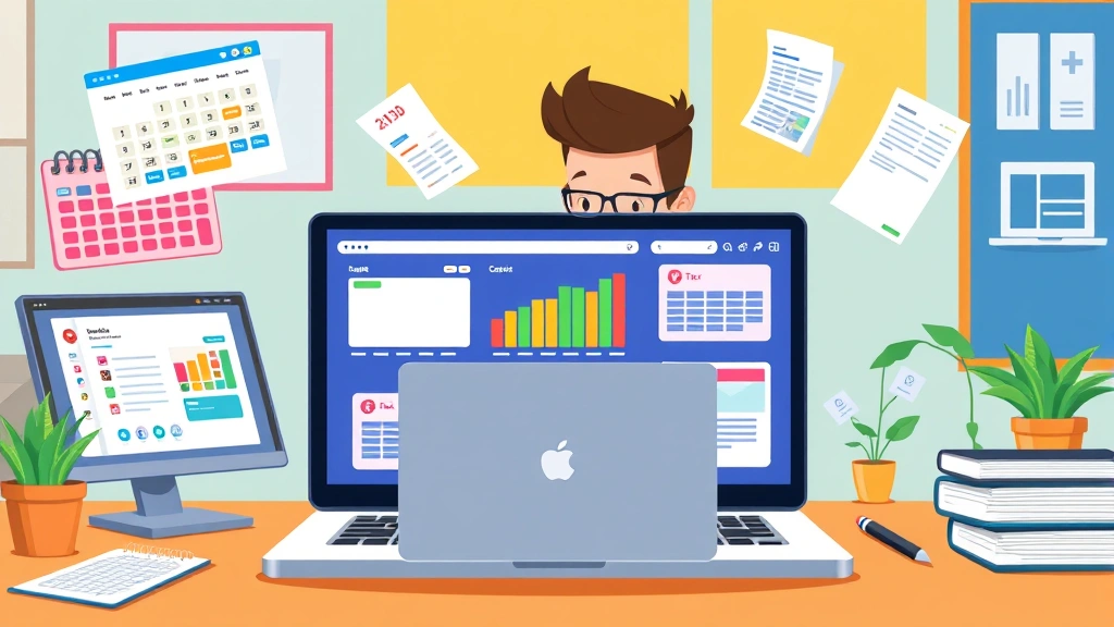 Professional freelancer working at laptop with multiple project windows, colorful digital calendar, invoices, and tax documents floating around them, cartoon style, vibrant office setting