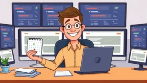 Cartoon professional contractor sitting at desk with laptop, holding multiple project files and calendar, smiling confidently surrounded by computer screens showing job opportunities