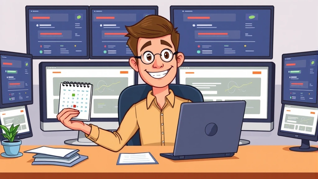 Cartoon professional contractor sitting at desk with laptop, holding multiple project files and calendar, smiling confidently surrounded by computer screens showing job opportunities