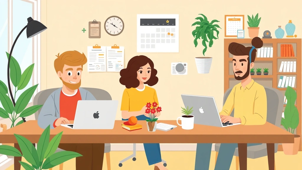 Diverse contractors working remotely from laptops and phones in comfortable home offices with plants, coffee, and calendars showing flexible schedules, cartoon professional style