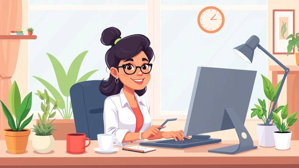 Cartoon professional freelancer working from home office desk with laptop, coffee cup, and plants, smiling confidently at computer screen, bright colorful workspace
