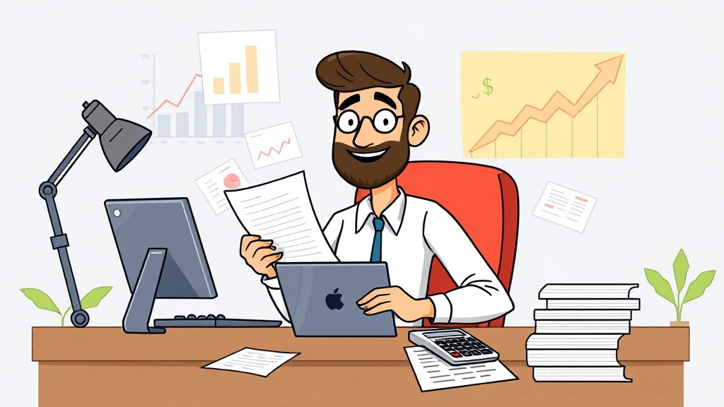 Cartoon professional freelancer sitting at desk with laptop, calculator, and financial documents, surrounded by growth charts and dollar signs, looking confident and organized