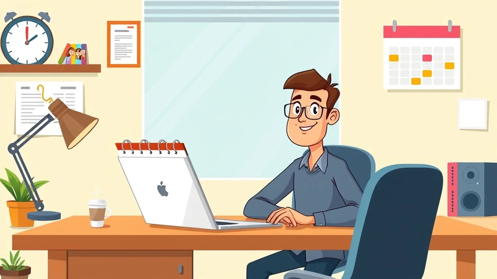 Cartoon illustration of confident freelancer at desk with laptop, multiple client windows open, calendar with project deadlines, coffee cup, professional home office setup, bright energetic colors