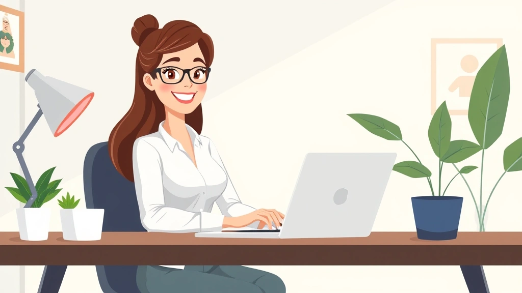 Professional woman confidently working on laptop at home office desk with coffee cup and plants, smiling while video calling client, modern minimalist workspace, cartoon illustration style