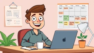 Cartoon freelancer sitting at home desk with laptop, coffee cup, and calendar on wall showing varied project deadlines, smiling confidently while managing multiple tasks