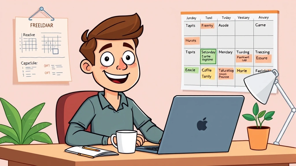 Cartoon freelancer sitting at home desk with laptop, coffee cup, and calendar on wall showing varied project deadlines, smiling confidently while managing multiple tasks