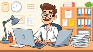 Cartoon professional sitting at desk with laptop, calculator, and tax documents, confident expression, colorful business setting, freelancer workspace