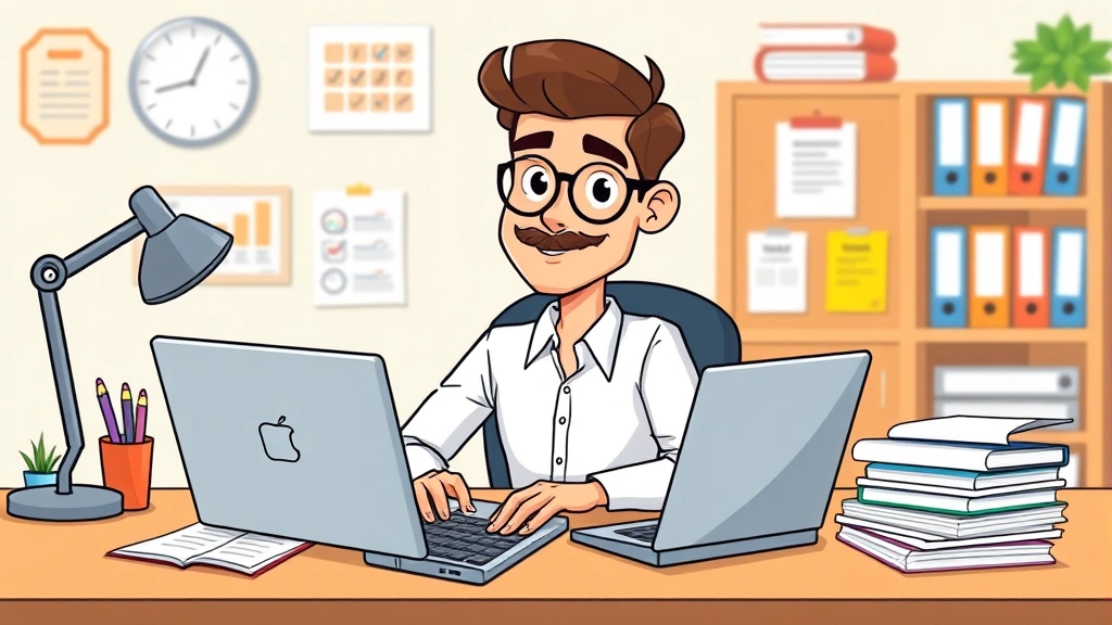 Cartoon professional sitting at desk with laptop, calculator, and tax documents, confident expression, colorful business setting, freelancer workspace