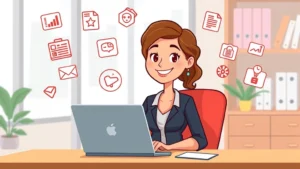Cartoon professional woman sitting at desk with laptop, multiple floating icons showing freelance work like writing, design, coding symbols around her, happy confident expression, modern office setting