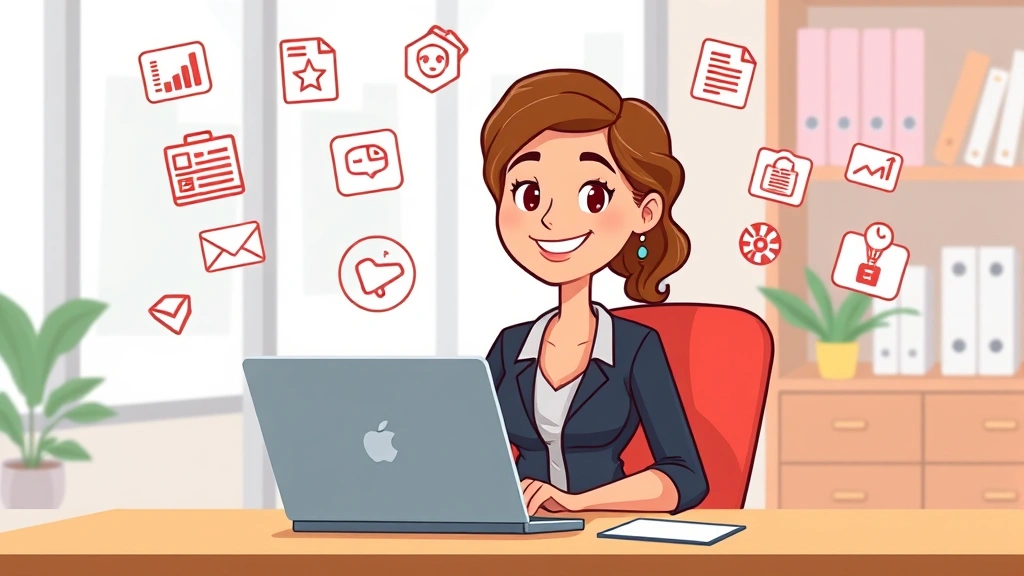 Cartoon professional woman sitting at desk with laptop, multiple floating icons showing freelance work like writing, design, coding symbols around her, happy confident expression, modern office setting