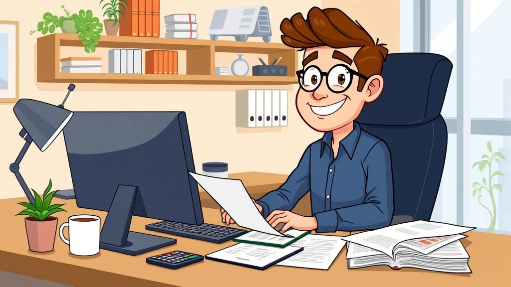 Cartoon professional contractor working at home office desk with computer, notebook, and coffee cup, smiling while reviewing financial documents and calculator on desk