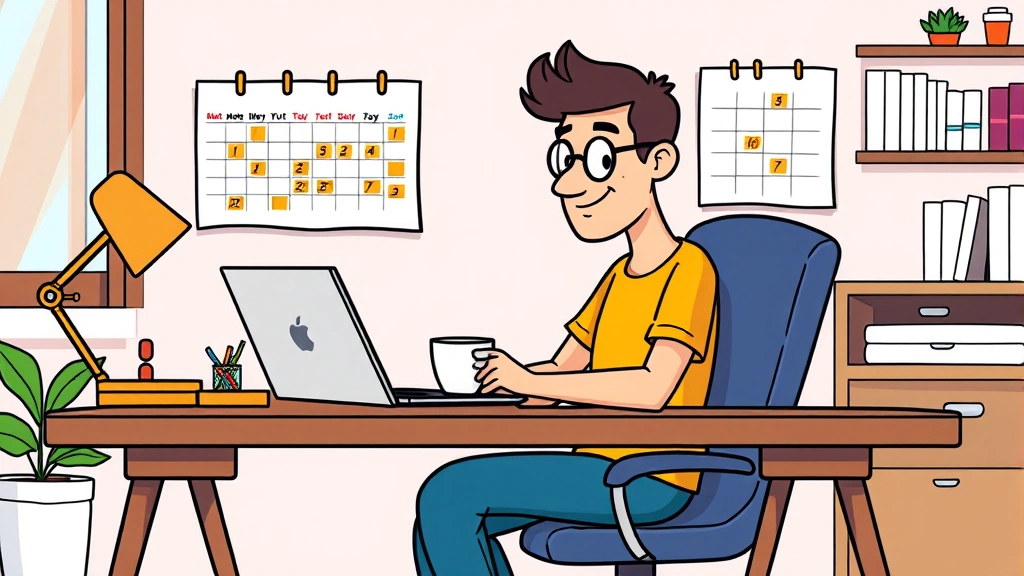 Cartoon freelancer sitting at desk with laptop, coffee cup, and calendar showing flexible working schedule, professional home office environment, colorful and modern style