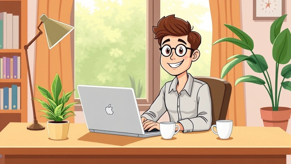 Cartoon freelancer working happily at desk with laptop, coffee cup, and plant, sunny home office, professional casual attire, smiling face